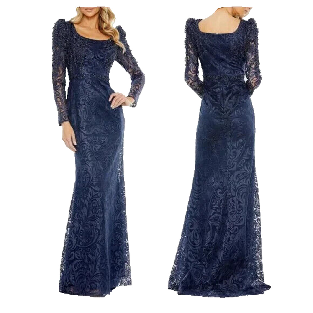 NWT Mac Duggal 11187 Embroidered Sequin Midnight‎ Blue Trumpet Gown Size 14